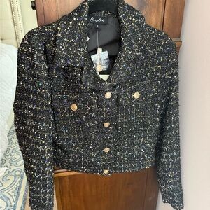 NWT Marled Shimmer Black and Gold Tweed Cropped Blazer